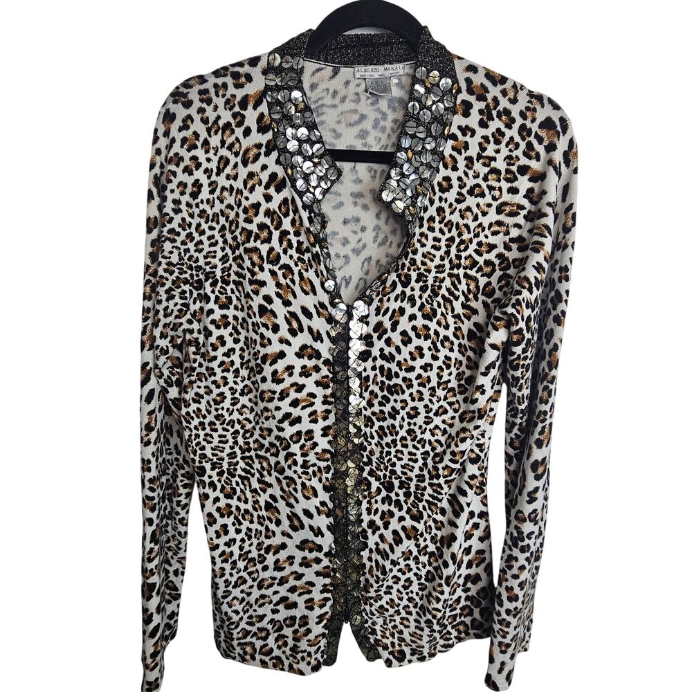 Alberto Makali Womens Leopard Print Sweater Sz L Full Zip Mob Wife Sequin Collar